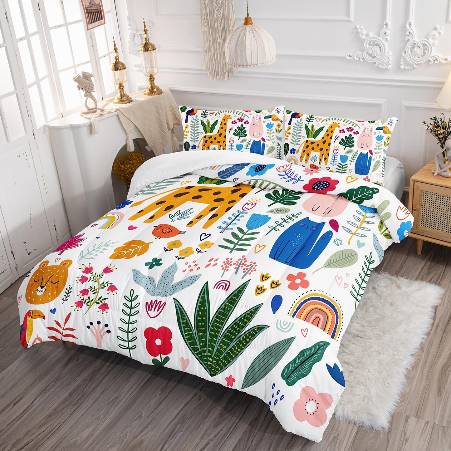 XYNHML Kids Cute Cat Comforter Set Twin Size 3Pcs Cartoon Pet Rainbow Giraffe Fishing Bedding Set Lovely Animal Parrot Flower Quilt Bed Set for Children Girls Boys Room Decor