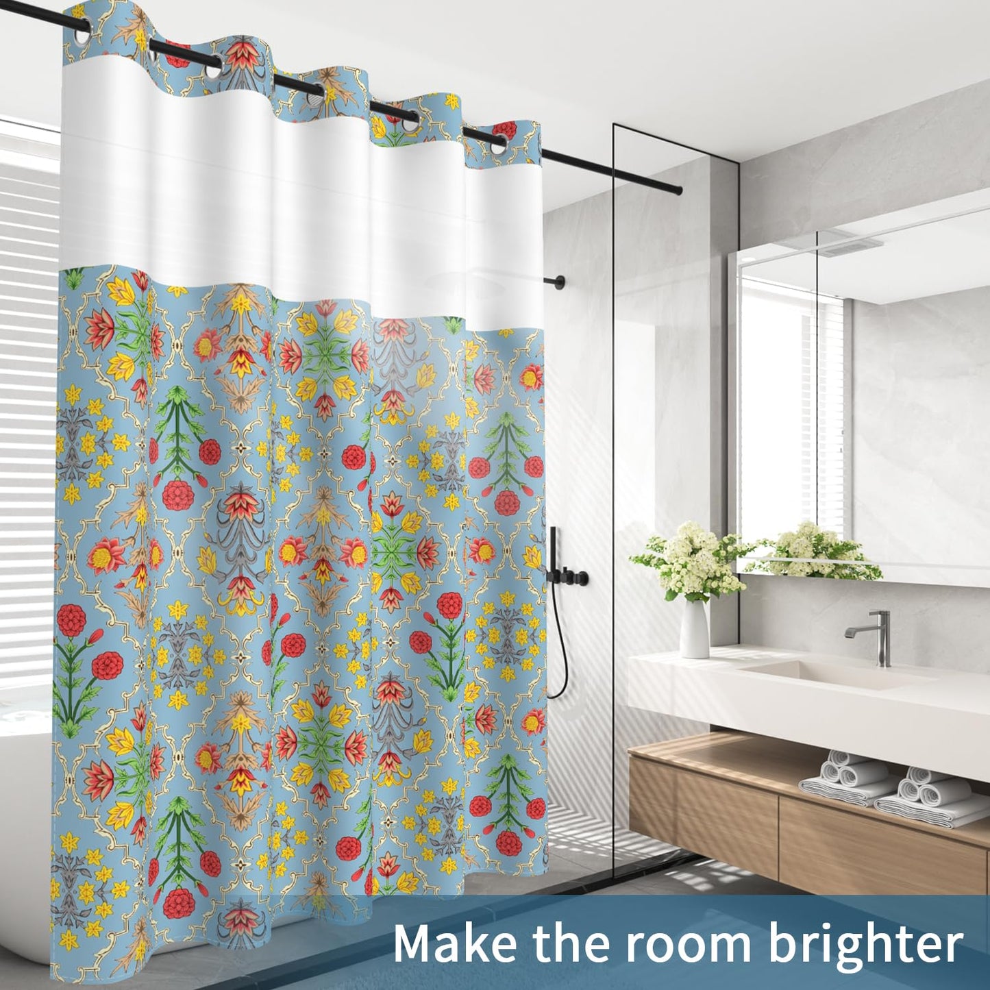 NAEMBCU Blue Floral No Hook Shower Curtain with Snap in Liner Set 71x74 in