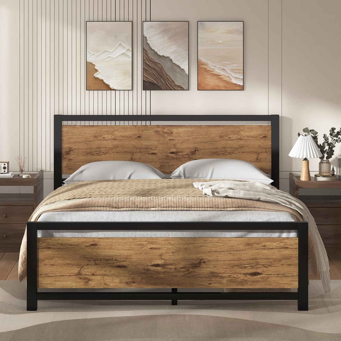 IMMERSTABLE Queen Bed Frame with Headboard, No Box Spring Needed, Sturdy Support Slats, Easy Assembly, Mattress Foundation for Bedroom, Guest Room and Apartment, Black Brown