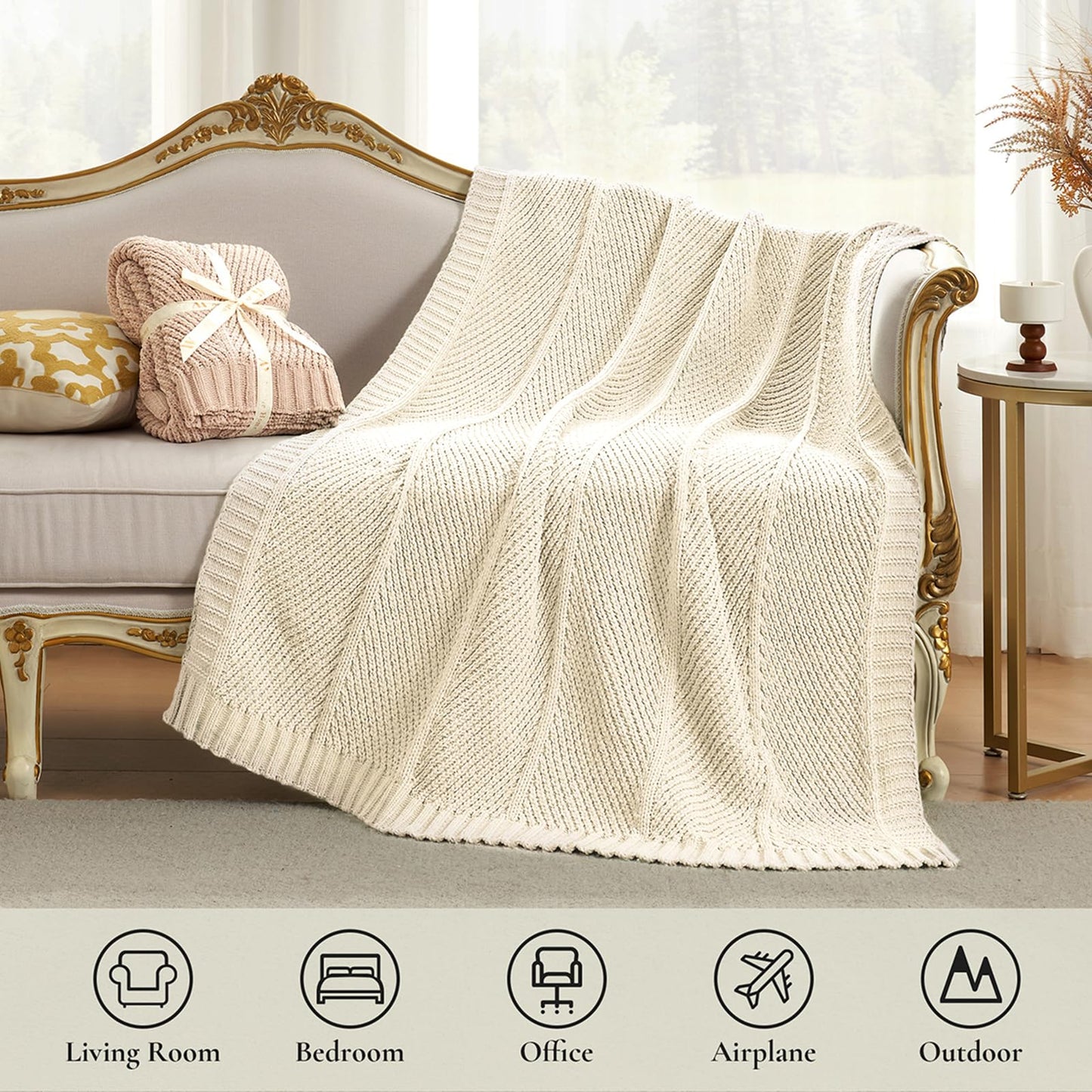 Amélie Home Knit Throw Blanket, Soft Chenille Cozy Breathable Chevron Chunky Decorative Blanket for Couch, Bed & Sofa, French-Inspired Lightweight Warm Gift for Women, Ivory, 50"x60"