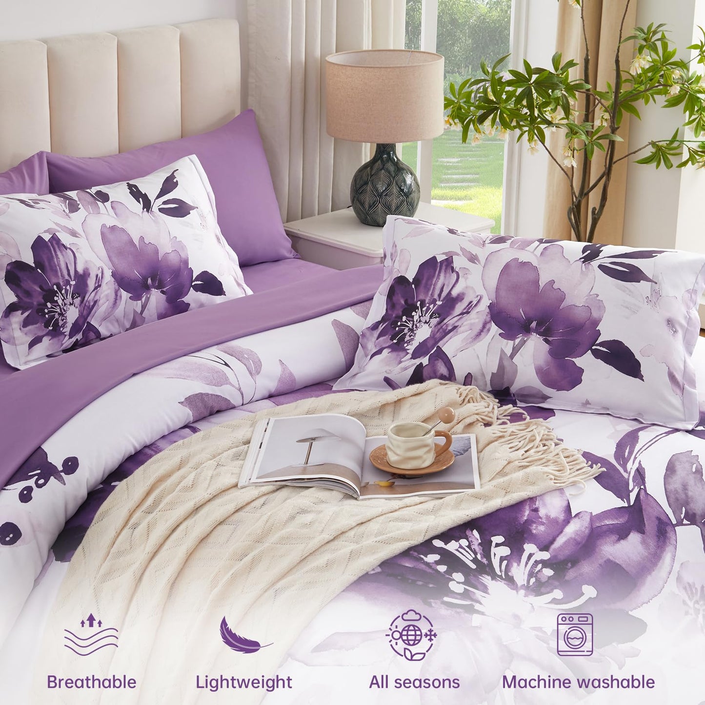Luxudecor Floral Comforter Set Queen Size, 7 Piece Purple Flower Set Bed in a Bag,Soft Microfiber Farmhouse Shabby Chic Bedding Set for All Seasons(90"x90")