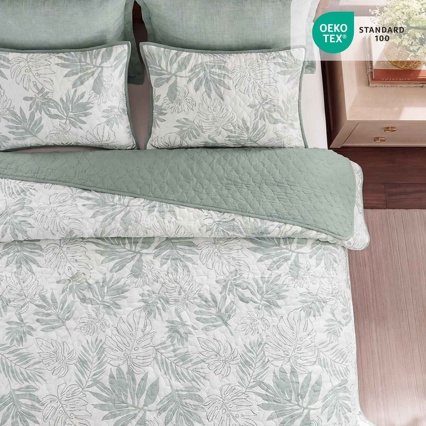 BLOOMHAVEN Quilt Set Queen Size, Storn Grey Tropical Quilt Sets, Reversible Bedspread Lightweight and Breathable for All Seasons, Soft Quilted Bedspread with 2 Pillow Shams