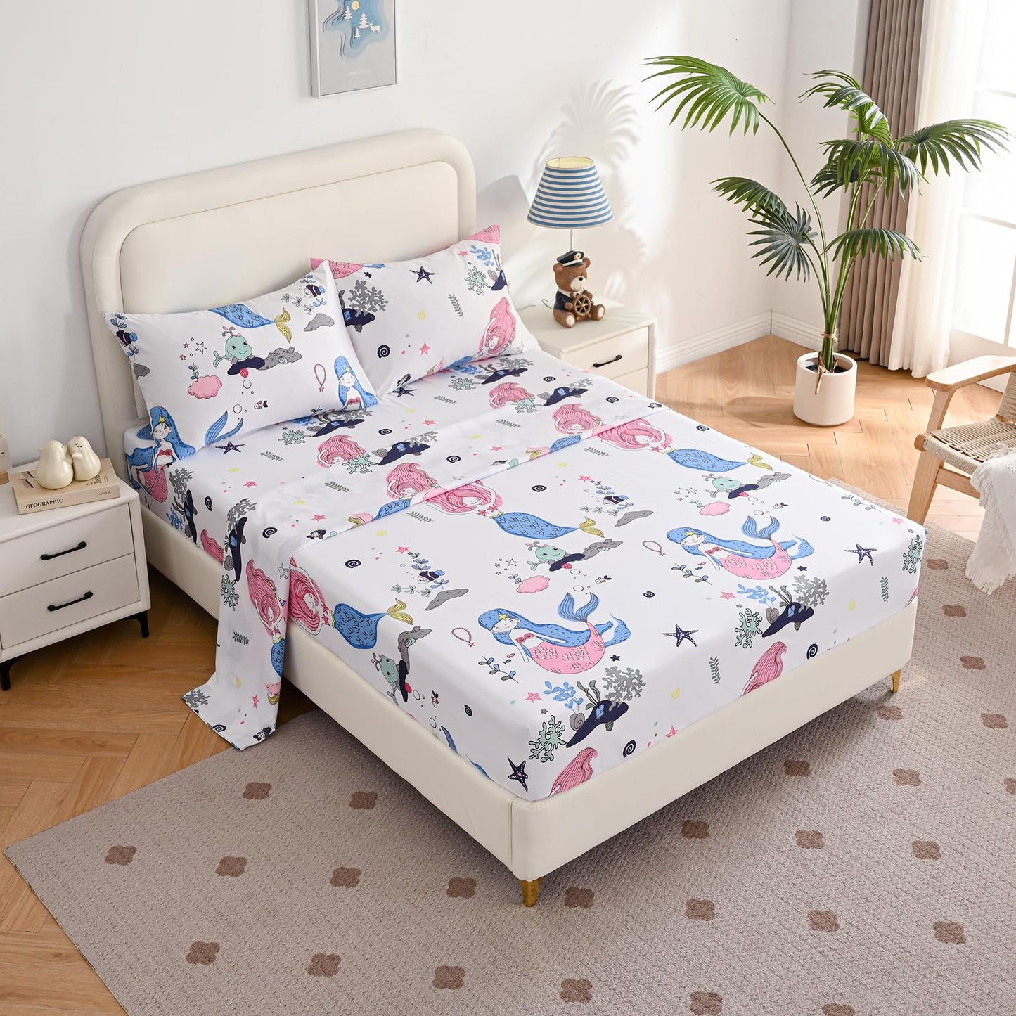 Yibeizi Mermaid Sheet Set for Girls Twin, Kids Cute Ocean Print Bedsheets Microfiber Deep Pocket Beach Patterned Bed Sheet & Pillowcase Sets 3 Pieces