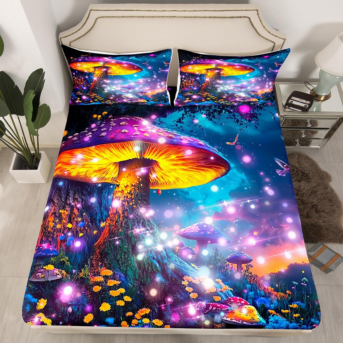 Feelyou Cute Mushroom Decor Bed Sheets Set Dreamy Mushrooms Sheet Set for Kids Boys Girls Teens Colourful Fungus Sheets with Deep Pocket Fitted Sheet Queen Size Wild Mushroom Stuff Bedding Set 4Pcs