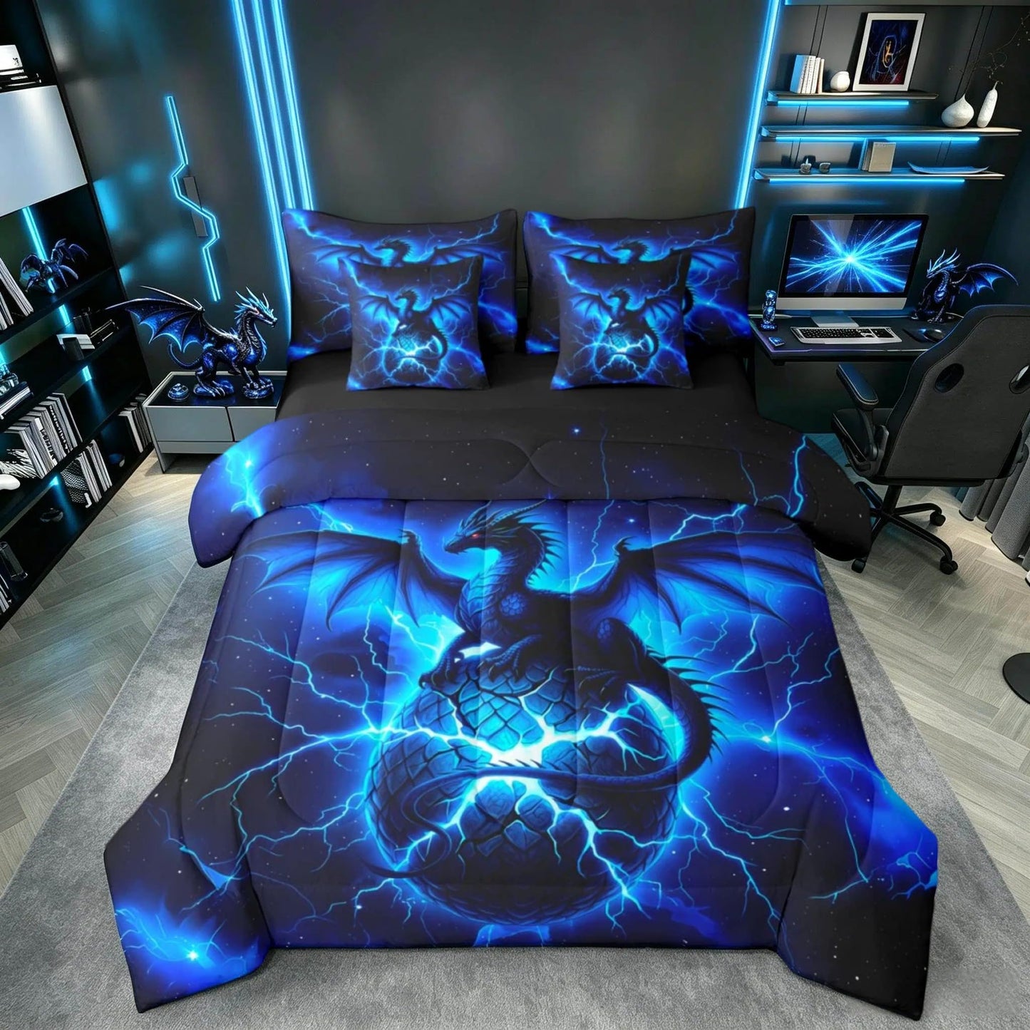 Feelyou Dragon Comforter Set with Sheets 7 Piece Twin Size Chic Outer Space Starry Sky Bed in a Bag Kids Boys Girls ungle Animals Dragon Bedding Set Bedroom Decor Breathable Soft Microfiber