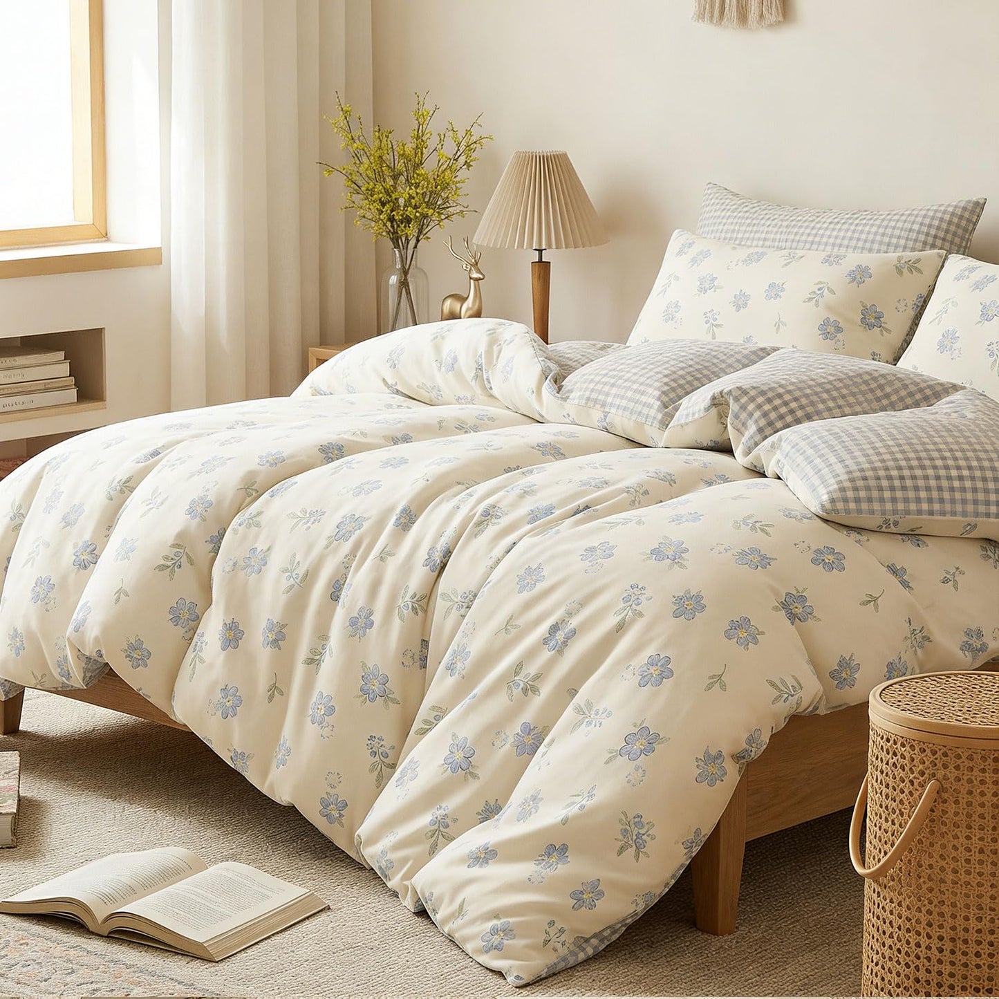 Erwinmu Floral Comforter Set King Size - 3 Pieces Blue Beige Floral Comforter Bedding Sets Reversible Gingham Pattern,King Bed in a Bag with Flowers Comforter and 2 Pillowcases
