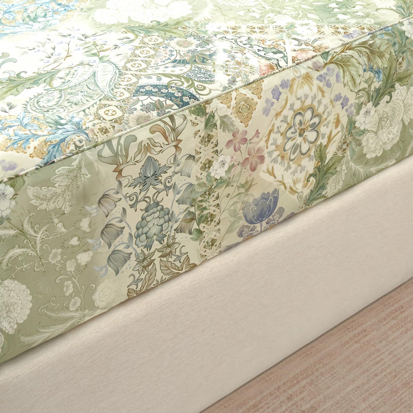 Zusbest Queen Sheet Set Luxury Sage Green Floral Bed Sheets 100% Cotton, Satin Weave Soft Silky Breathable for Hot Sleepers American Country Style Vintage Flower Deep Pocket 17.5‘’ Bed Set 4Pcs