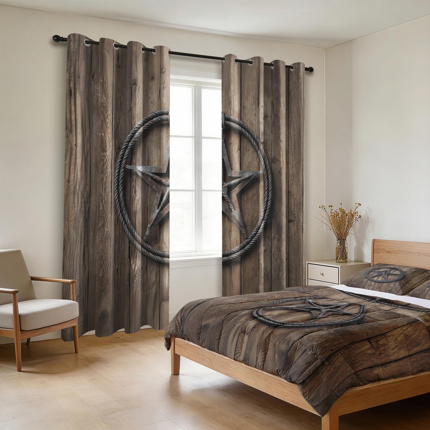 Solvivae Rustic Barn Door Curtains 54 Inch Length, Texas Star Blackout Curtains for Bedroom Living Room, Room Darkening Thermal Insulated Grommet Drapes, Western Window Curtain