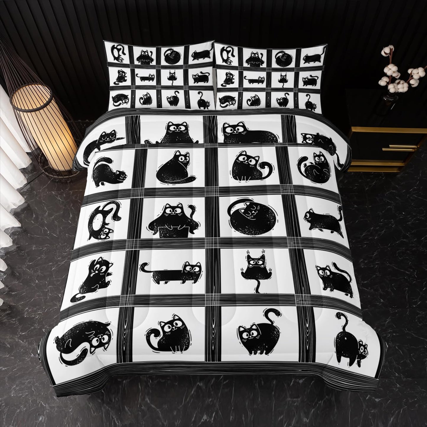 Nttopship Kids Cartoon Cat Comforter Bedding Set Twin,Black Cat and Grid Bedding Set 3 Piece for Teens Kids Boys Girls Adults Room Decor Animals Print Comforter 2 Pillow Cases