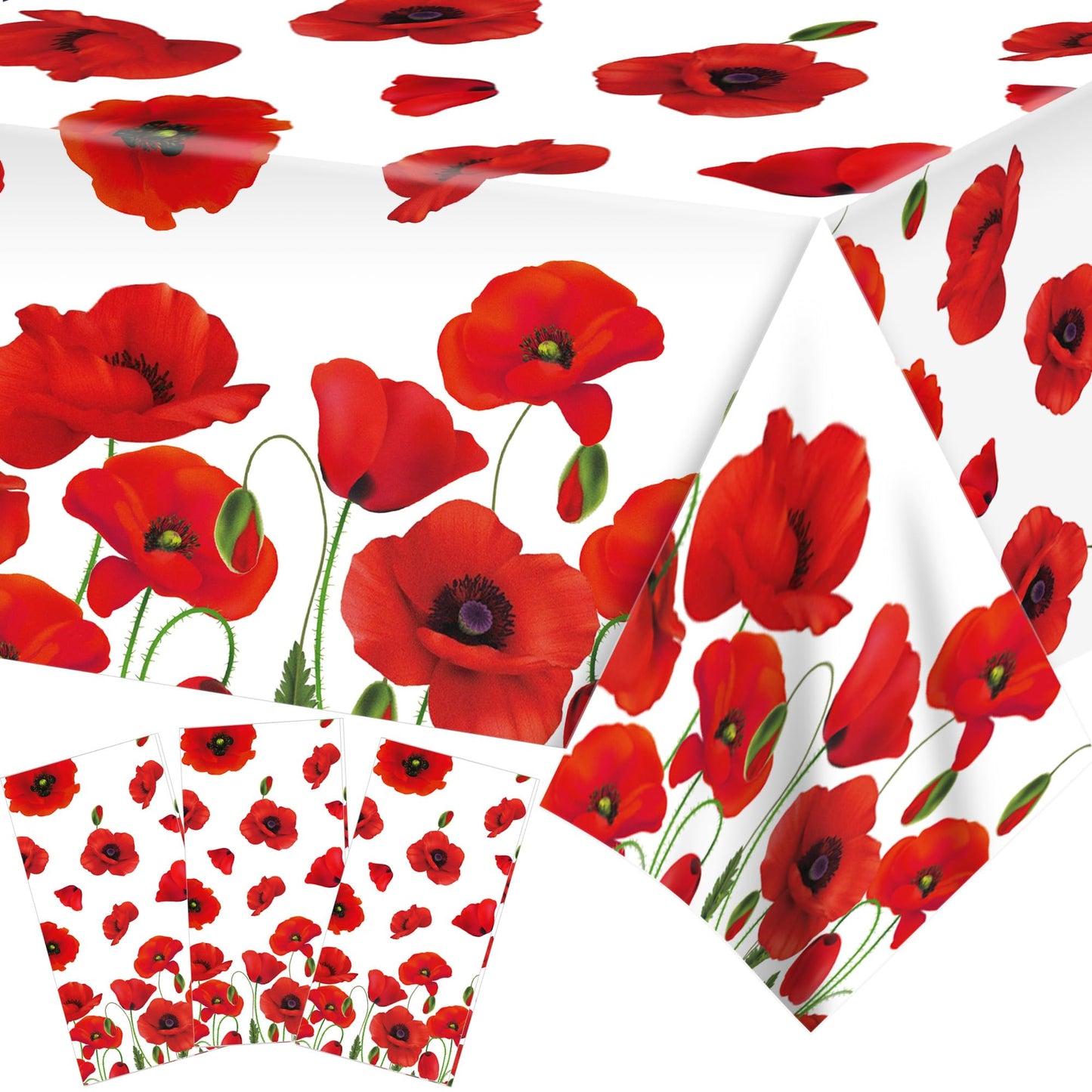 Adirasenotek 3 PCs Red Poppy Flowers Tablecloths Decorative Table Cover Spring Floral Tablecloth Plastic Tablecloths for Holiday Table Birthday Wedding Picnic Party Supplies,87x54In