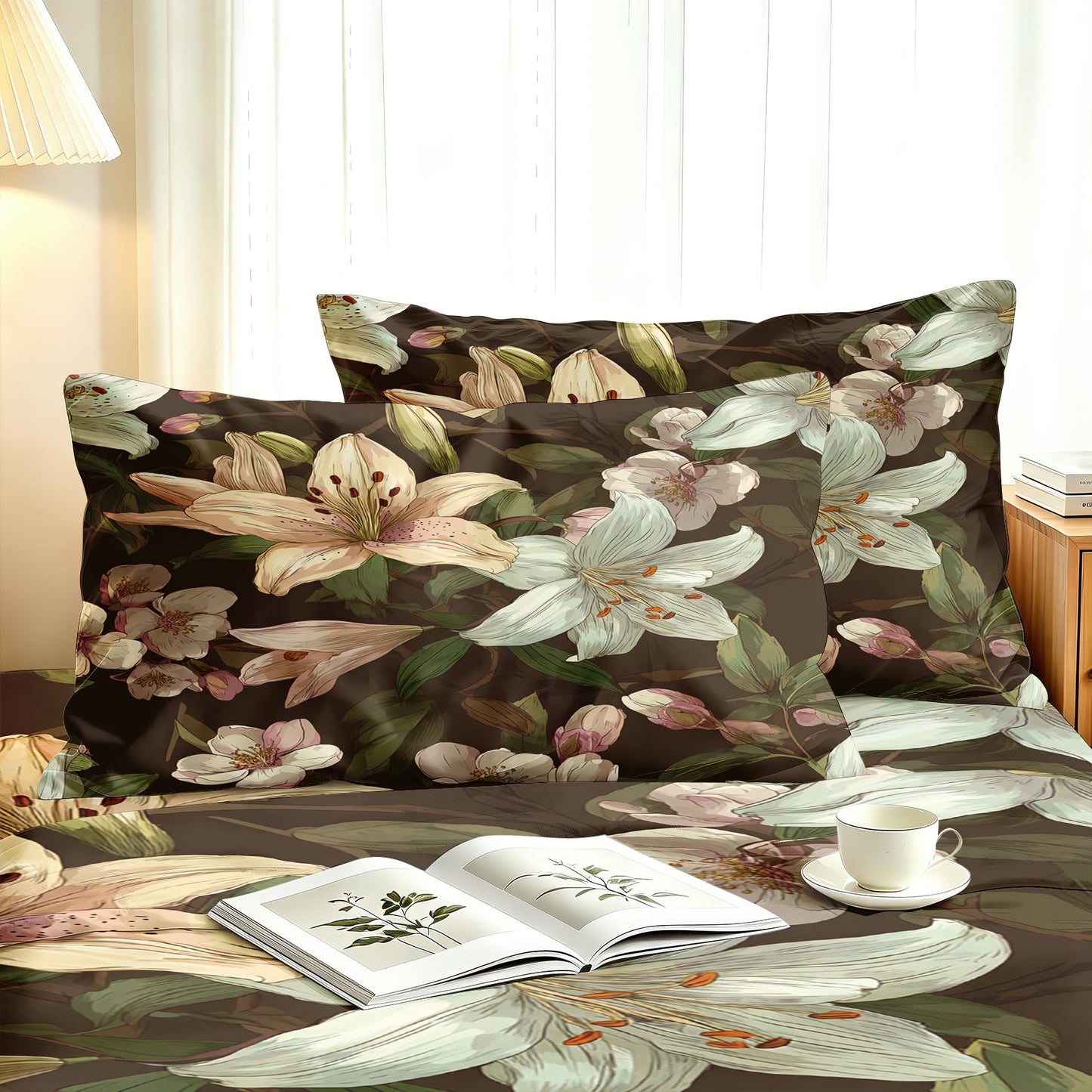 Lily Floral Sheet Set, 4 Pcs Queen Size Botanical Bed Sheets