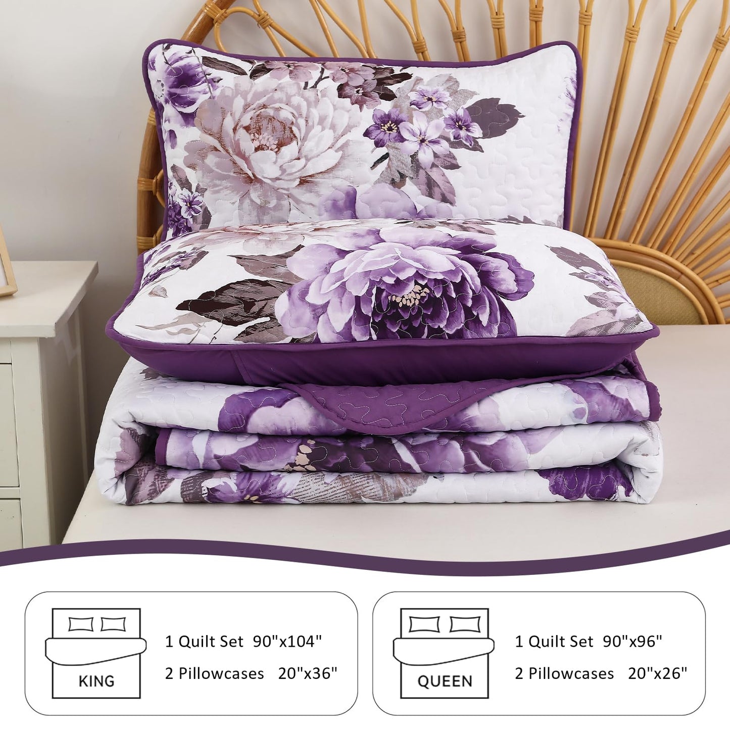 WONGS BEDDING Floral Quilt Set Purple Queen,Quilted Printed Lightweight Bedspread Bedding Set for All Season,3 Pieces Reversible Botanical Plant Coverlet Set with 2 Pillow Shams
