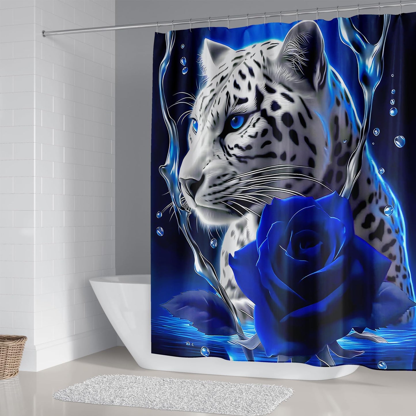 beifivcl 4PCS Blue Rose and Leopard Shower Curtain Bathroom Set with Non-Slip Rugs, Toilet Lid Cover and Bath Mat, Blue Bathroom Decor Set Accessories Shower Curtains with 12 Hooks, 72 x 72 Inch