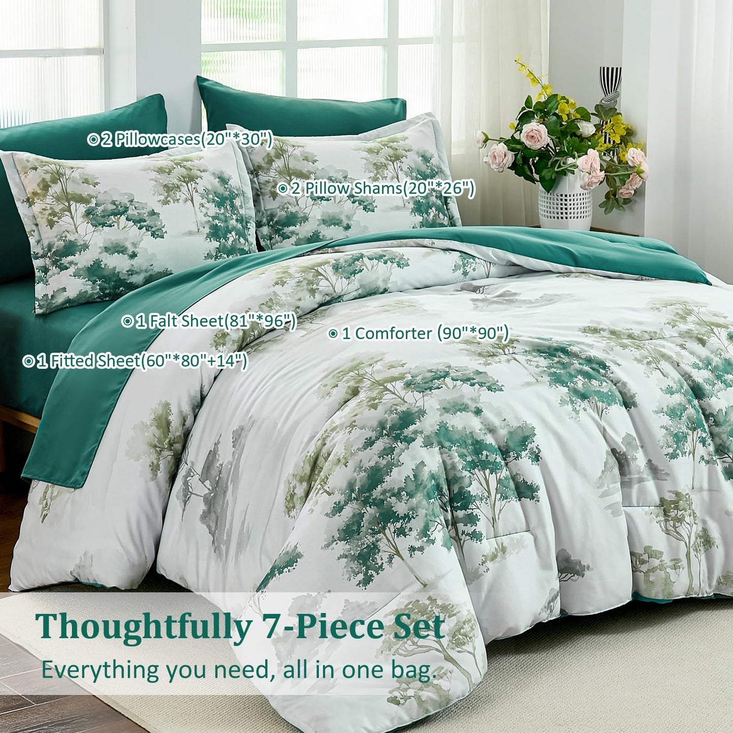 Dinjoy Queen Comforter Set, 7 Piece Comforter Set Queen, White Queen Size Bed Sets, Queen Sheet Set with Comforter, Flower Bedding Sets with Comforter, Fitted & Flat Sheets, Pillowcases & Pillow Shams