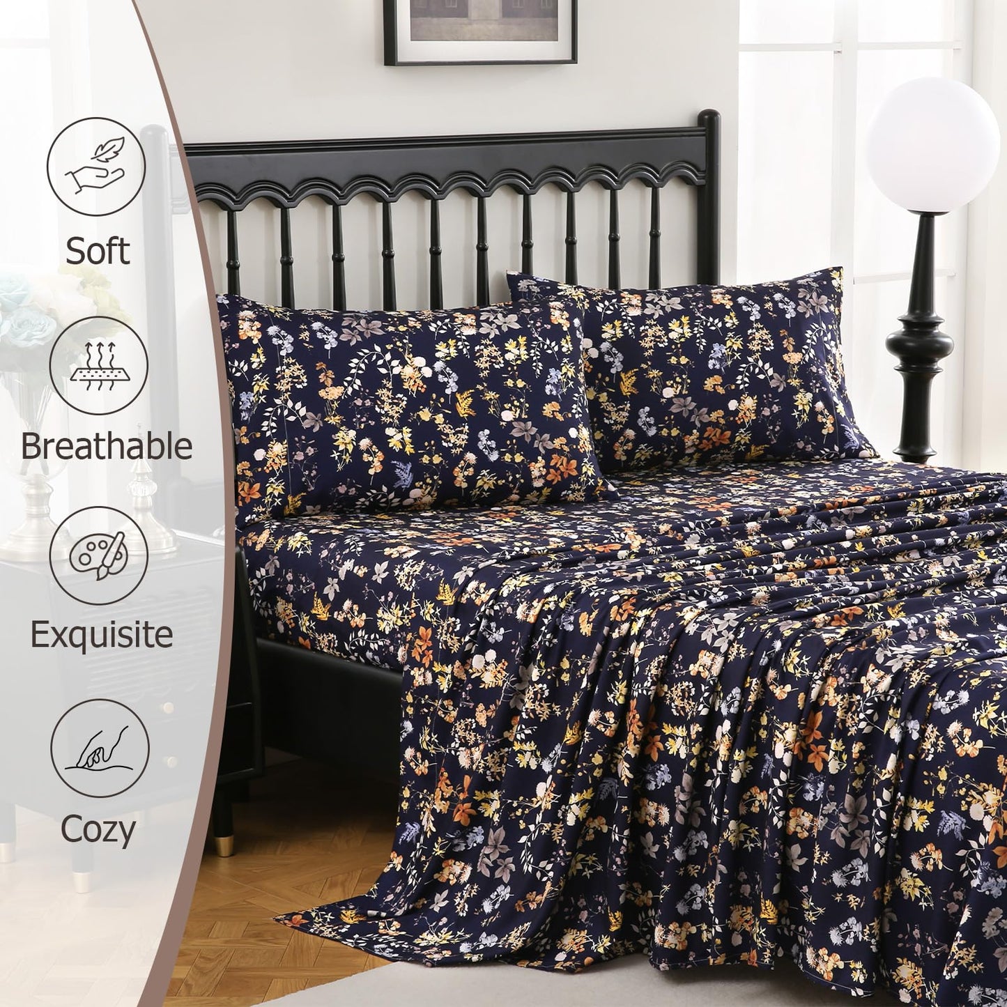 CozySmile 4 Pieces Queen Sheet Set Floral, Boho Sheets Soft Microfiber Deep Pocket, Floral Sheets (Queen, Tranquil Night Bloom)