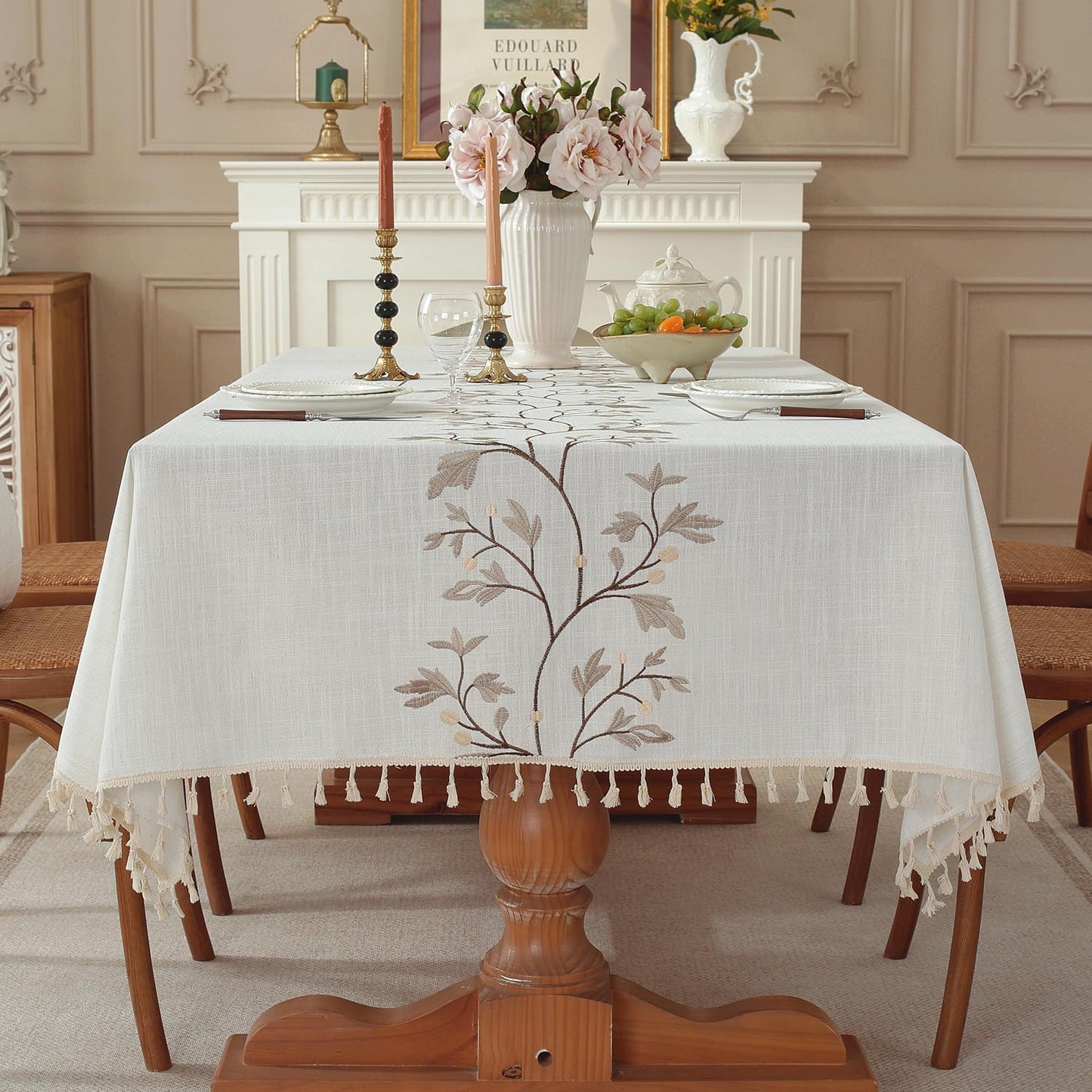 QDTTSRY Rectangle Cotton Linen Tablecloth, Heavy Duty Waterproof Tablecloths Farmhouse Tablecloth, Soft and Wrinkle Free Table Cover with Tassels for Kitchen & Dining (Coffee Flower, 70" x 55")