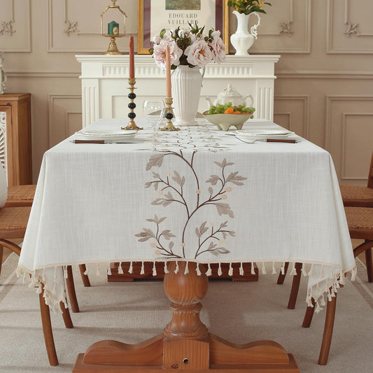 QDTTSRY Rectangle Cotton Linen Tablecloth, Heavy Duty Waterproof Tablecloths Farmhouse Tablecloth, Soft and Wrinkle Free Table Cover with Tassels for Kitchen & Dining (Coffee Flower, 70" x 55")