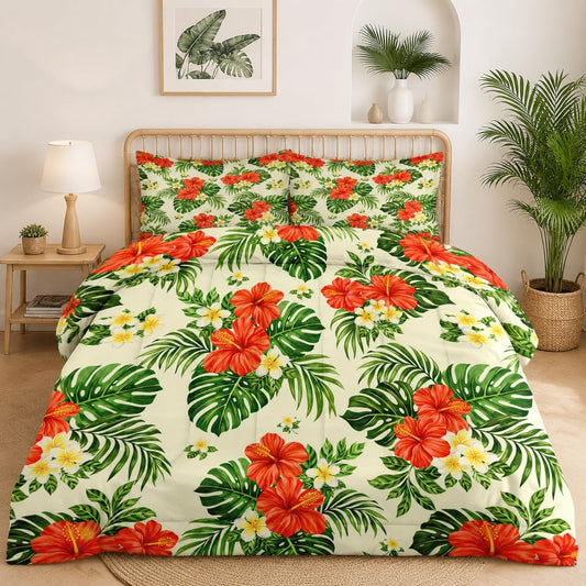 Pamnest Comforter Set Queen Size, Hibiscus Monstera Palm Leaf Soft 3 Pcs Bedding for Kids and Adults, Tropical Leaves Flower Comforter Set with Pillowcase, for Bedroom Bed Decor