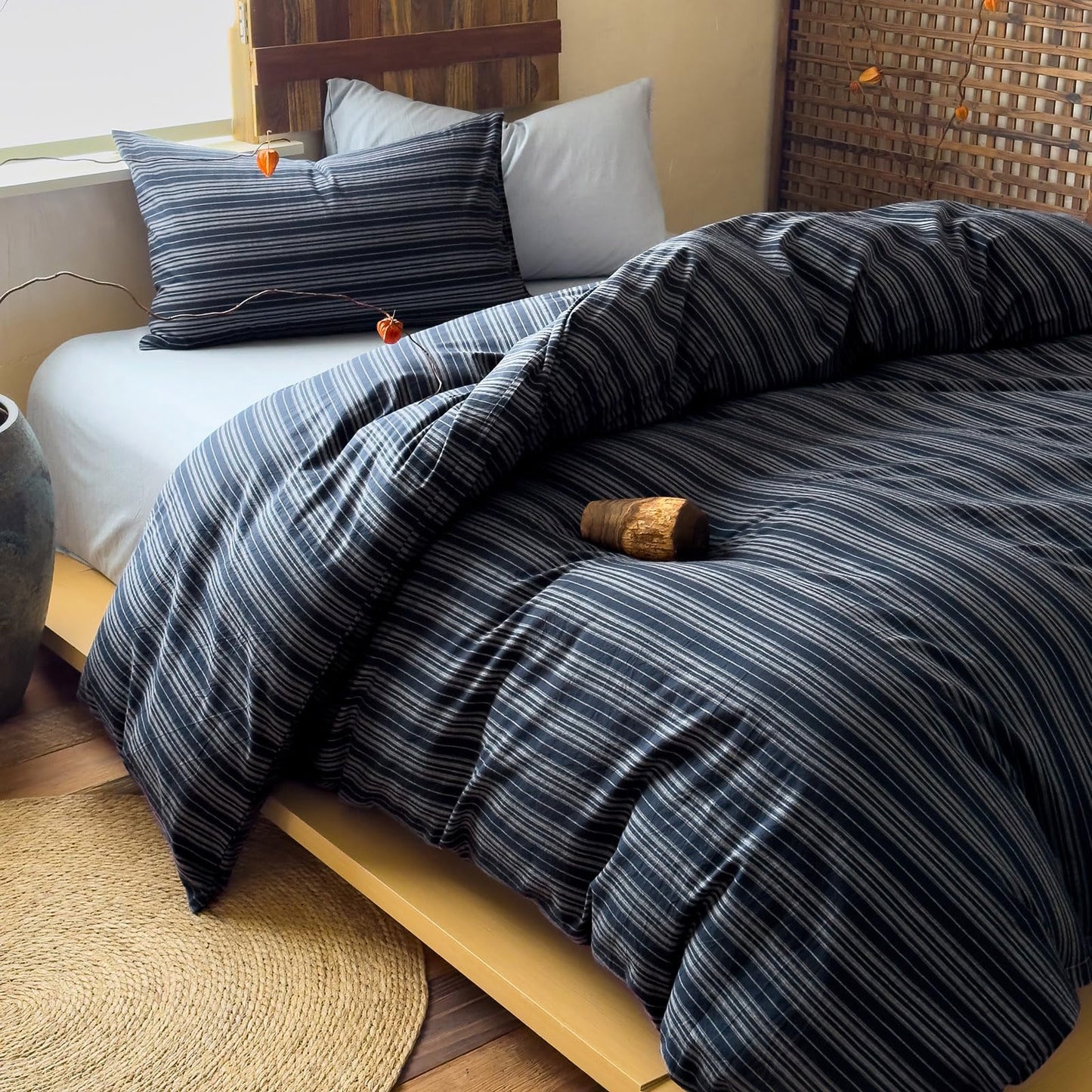 VM VOUGEMARKET Blue White Stripe Duvet Cover Set – Soft Washed Cotton,Modern Neutral Ticking Pinstripe Minimalist, 3 Pieces,Navy Blue,Queen Size