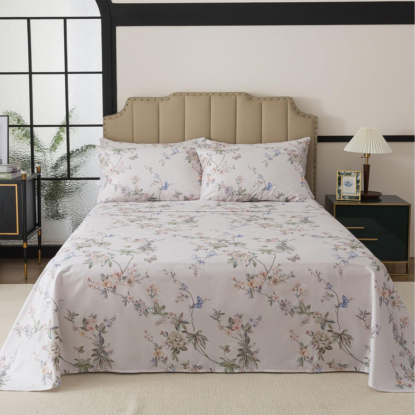 FADFAY California King Sheet Set Percale Cotton, Soft Deep Pocket Fitted Sheet, Country Style Floral & Butterfly Pattern Bedding for All Seasons, Crisp & Breathable for Hot Sleepers,4Pcs