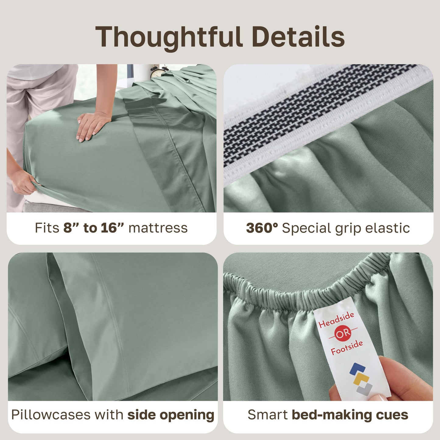 California Design Den Queen Bed Sheets Set - Luxury Hotel 800 Thread Count Sateen, Natural 100% Cotton Queen Size Sheets, Deep Pockets Durable Bedding Set - Sage Green