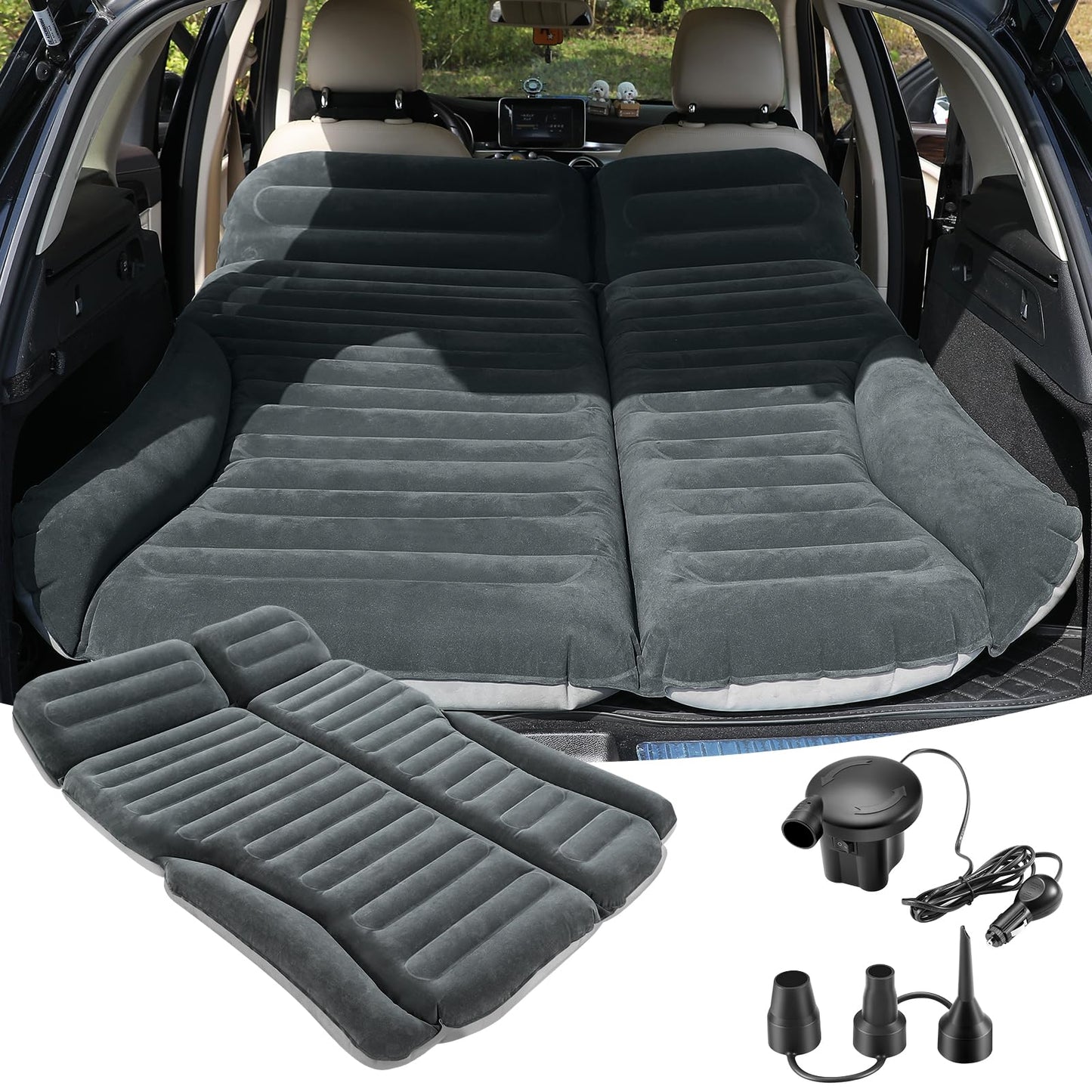 KMZ SUV Air Mattress Double Sided Thickened Flocking Car Bed – Portable Inflatable Mattress Pad for Camping & Travel with 2 Pillows & Electric Pump (Green+Light Gray)