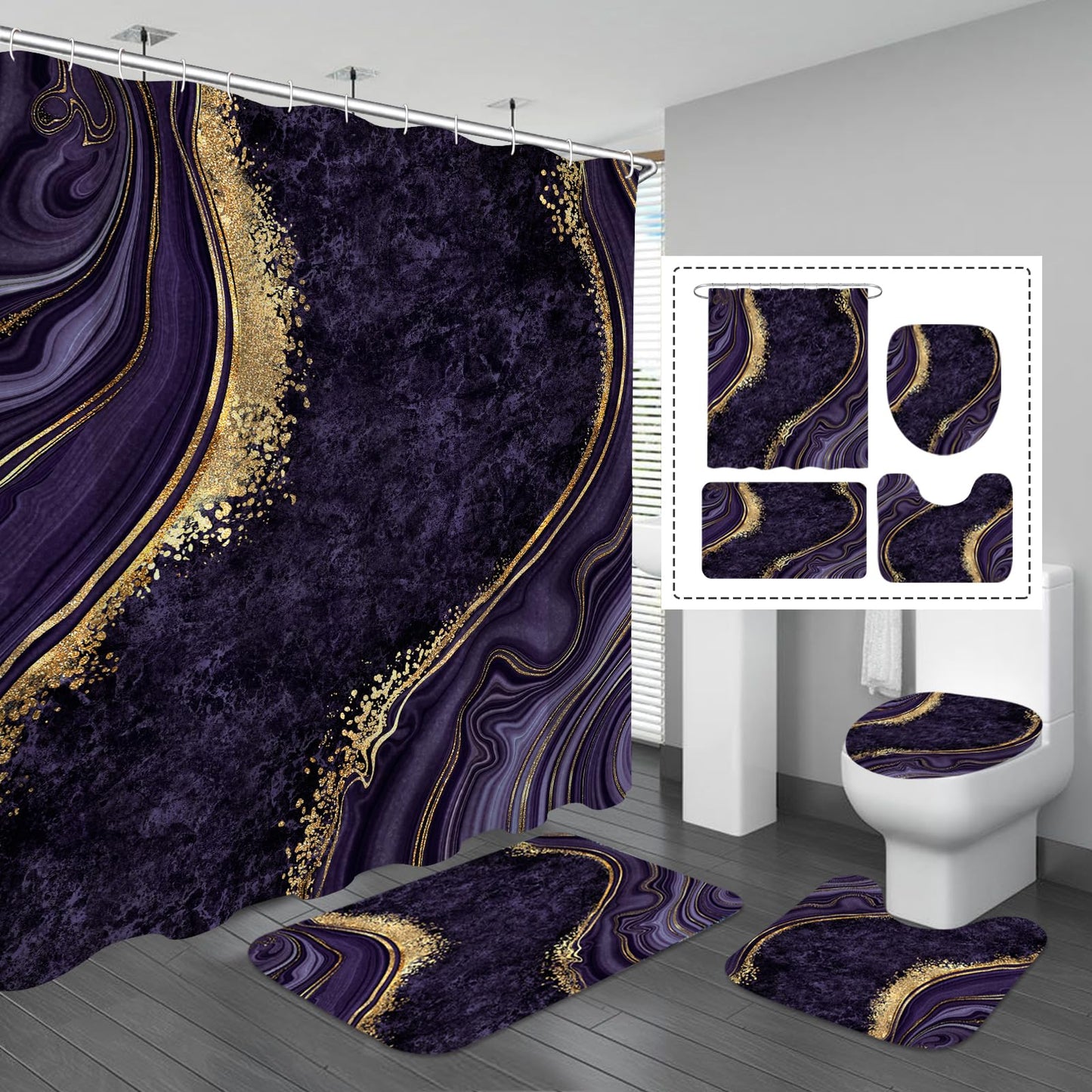 Gibelle 4 Pcs Luxury Marble Shower Curtain Set with Non-Slip Rugs, Toilet Lid Cover and Bath Mat, Gold Foil Purple Bathroom Decor Set with Shower Curtain and Rugs and Accessories