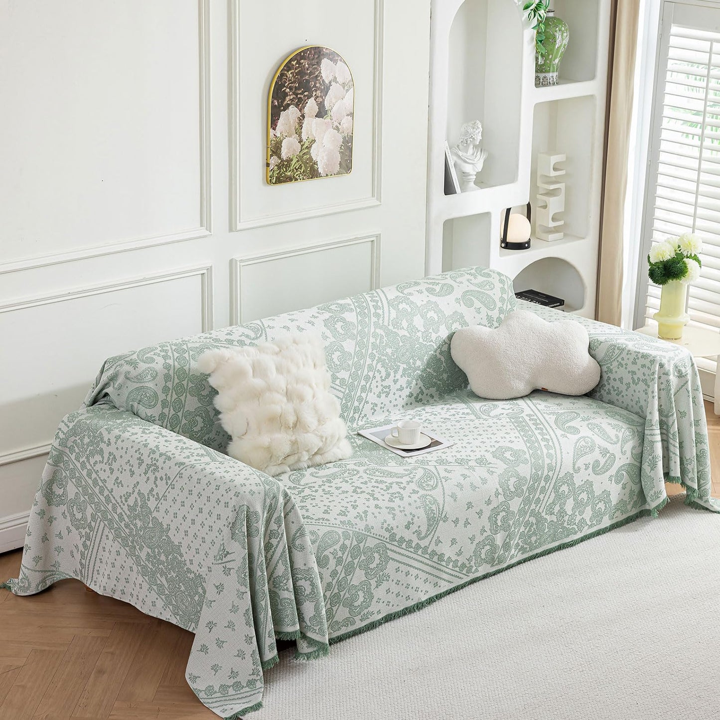 ROOMLIFE Green Couch Covers for Sofa, Sofa Covers Washable Non Slip Furniture Protector Couch Sofa Covers for 3 Cushion Couch, Breathable Sofa Slipcovers Couch Cover Blanket with Tassels 71" X 134"