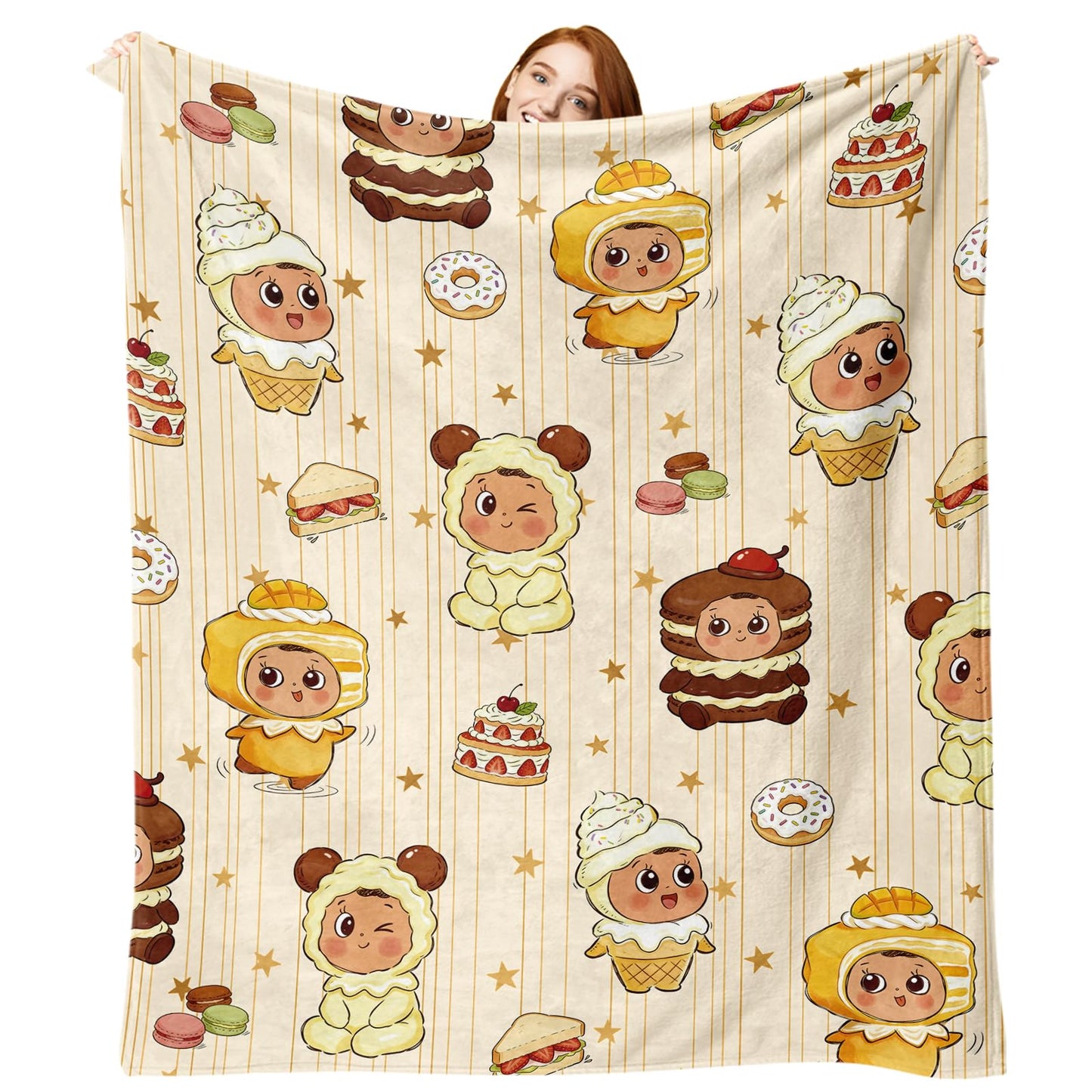Stology Sweet Dessert Baby Flannel Throw Blanket, Cute Macaron Ice Cream Cake Donut Sandwich Gifts for Kids Toddler Children Teen, Yellow Star Nursery Soft Blankets for Bedding Sofa 50''x60''
