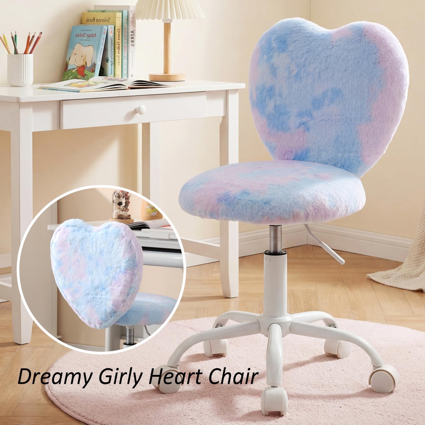 DM Furniture Kids Desk Chair Girls Students Study Chair Adjustable Computer Chair Furry Swivel Office Reading Chairs Child Cute Heart Back Chairs for Home/Bedroom/School/Dorm/Vanity, Blue