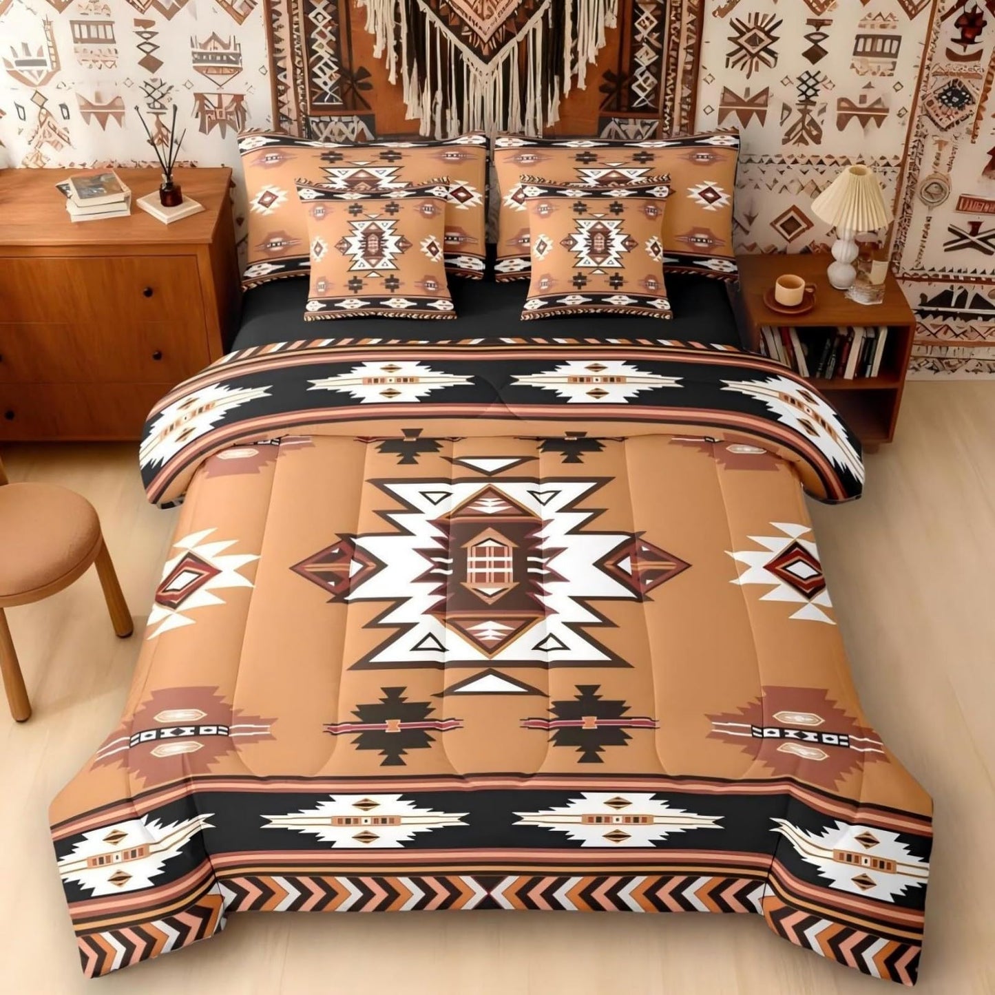 Erosebridal Western Twin Comforter Set with Sheets | Boho Decor Geometric 7 Piece Bedding Set Bohemian Aztec Bed in a Bag, Ethnic Tribal Arrow Room Decor,Brown