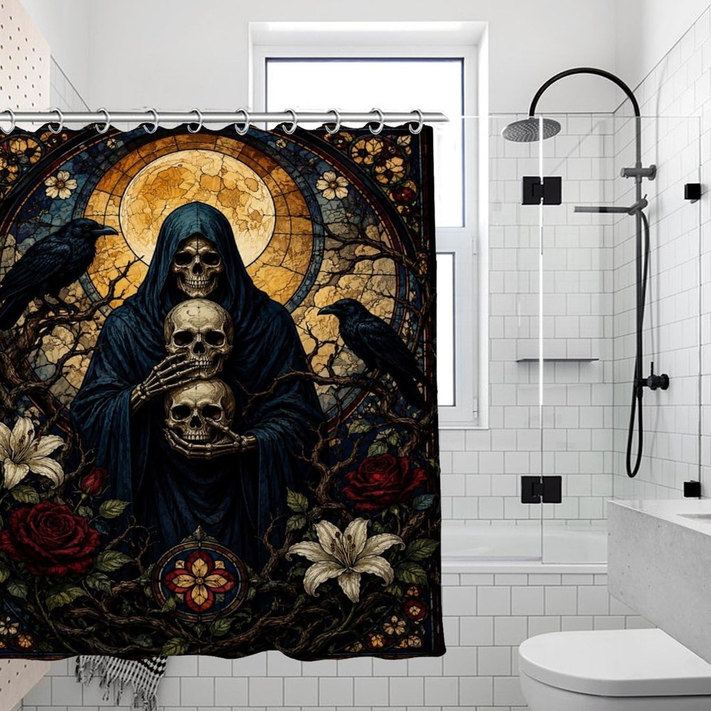 bladesgsd Gothic Skulls and Ravens Stained Glass Art Shower Curtain with 12 Hooks 72x72Inch, Polyester Bathroom Curtain, Privacy Shower Curtain for Bathtub, Shower Stall, Apartment, Guest Bathroom