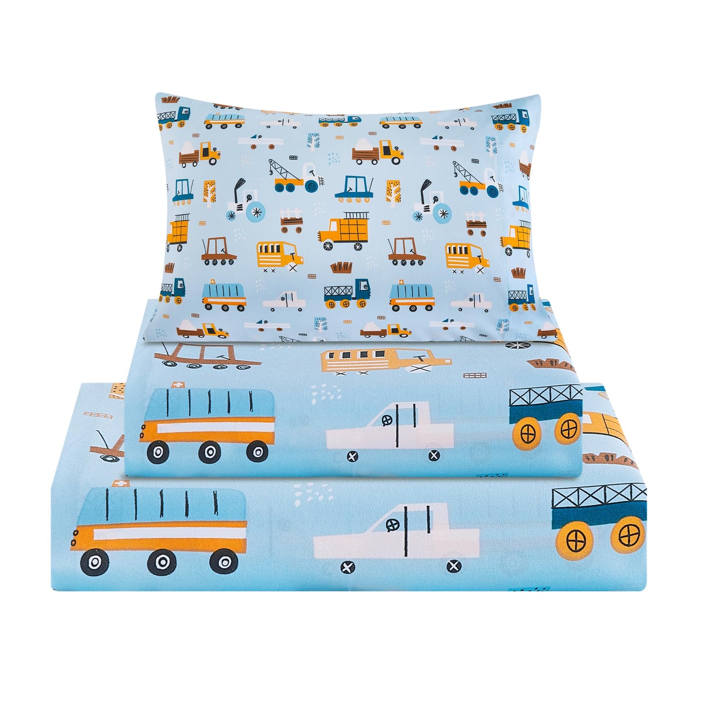 Viviland 3 Pieces Boys Blue Truck Twin Sheet Set - Soft Microfiber Fitted Flat Sheets & Pillowcase - Construction Truck Bedding Sets - for Kids & Toddlers