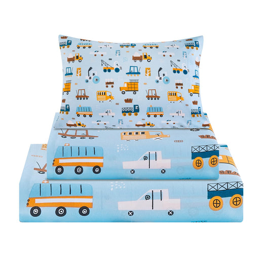 Viviland 3 Pieces Boys Blue Truck Twin Sheet Set - Soft Microfiber Fitted Flat Sheets & Pillowcase - Construction Truck Bedding Sets - for Kids & Toddlers