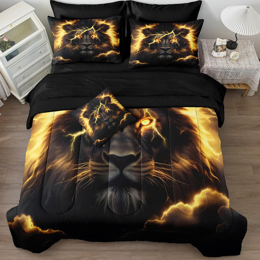 Lion Queen Comforter Set Black and Gold Bed in a Bag Golden Loin Bed Set Home Decor 8 Pcs Black Sheet Set Wild Animal Comforter Set with 1 Cushion Cover