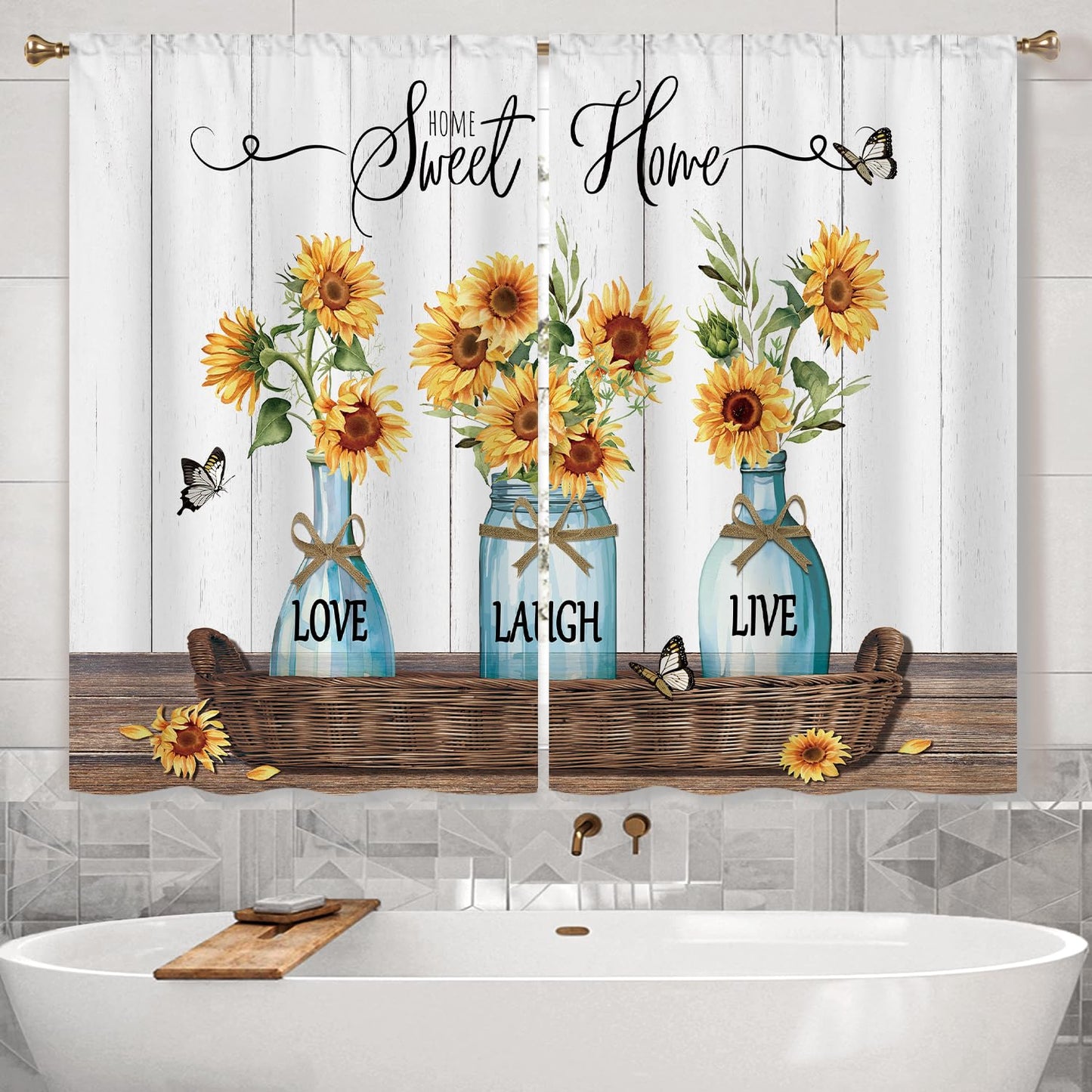 Cizuug Farmhouse Sunflower Kitchen Curtains Rustic Flower Inspirational Small Short Cafe Window Curtains Wooden Country Bathroom Living Room Bedroom Drapes Treatment 2 Panels