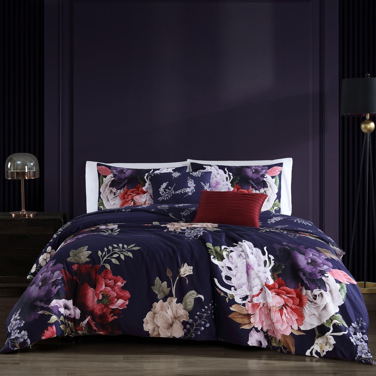 Bebejan Deep Purple Garden 5 Piece Comforter Set, 100% Cotton Sateen, 200 Thread Count, Floral Reversible Bedding Comforter Set, 1 Comforter, 2 Shams & 2 Pillows (King/Cal King)