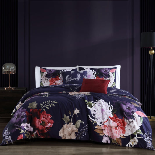 Bebejan Deep Purple Garden 5 Piece Comforter Set, 100% Cotton Sateen, 200 Thread Count, Floral Reversible Bedding Comforter Set, 1 Comforter, 2 Shams & 2 Pillows (King/Cal King)