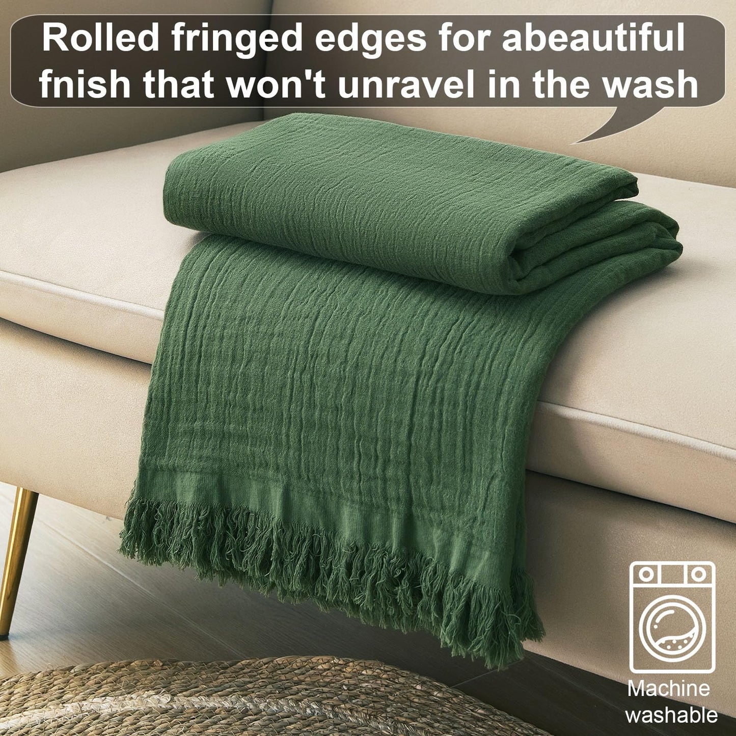Yoenillo Cotton Muslin Throw Blanket with Tassels, Lightweight Woven Gauze, Pre-Washed Breathable Farmhouse Decor for Bed, Couch, All-Season Use (Olive Green, 50" x 60")