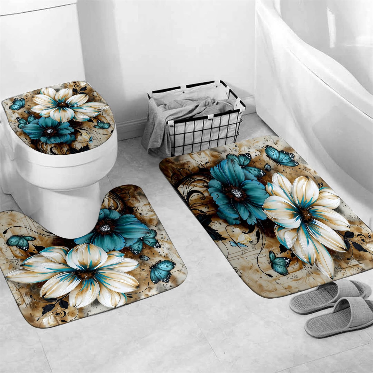AZHM 4pcs White and Blue Artistic Painted Flowers Shower Curtain Set Floral and Butterfly Bathroom Sets with Rugs and Accessories