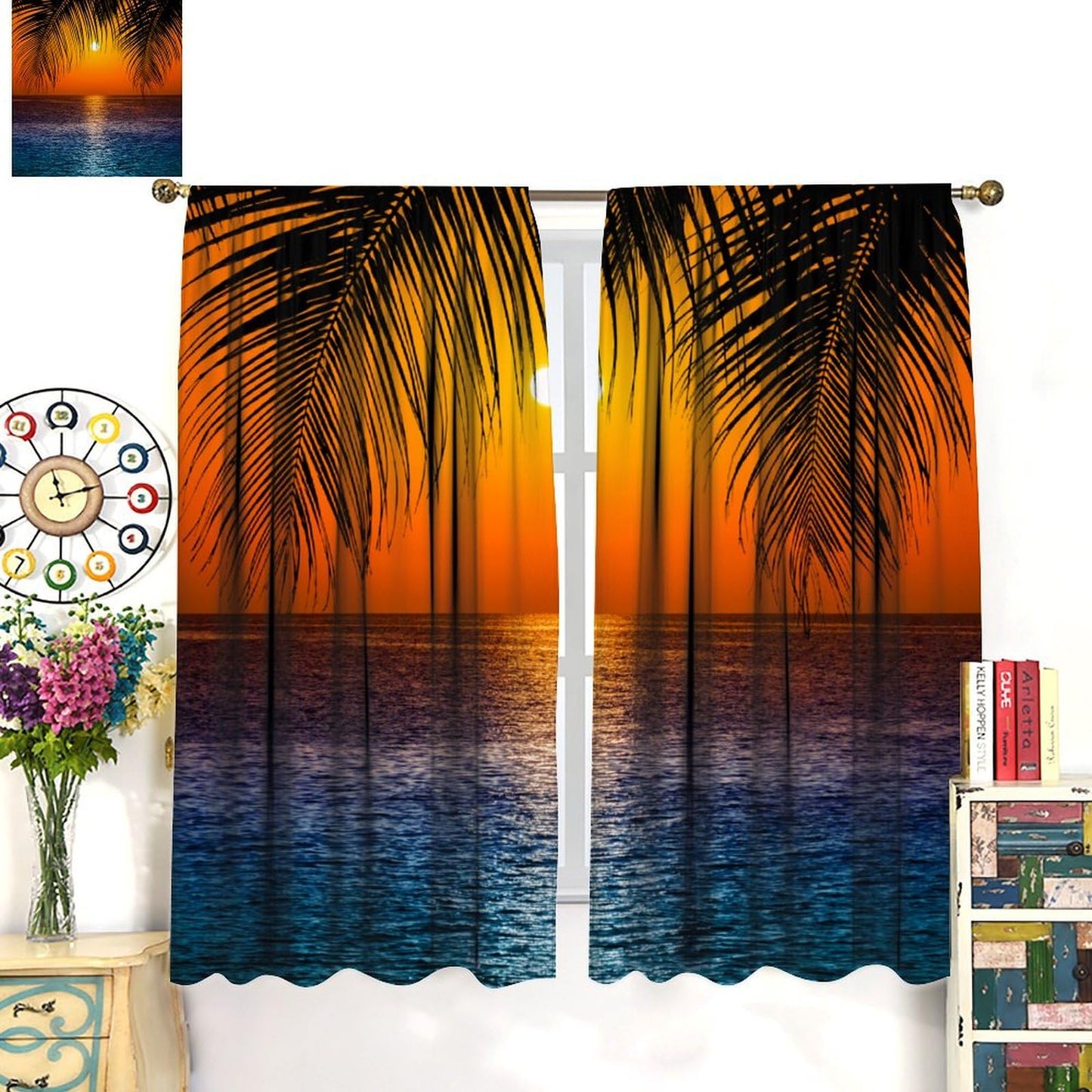 JADERYS Ocean Blackout Curtains Tropical Palm Trees Blue Sea Wave Sunset Orange Sky Seascape Art Print for Kids Girls Boys Bedroom Living Room Rod Pocket Decoration Window Drapes 2 Panels W21xL45in