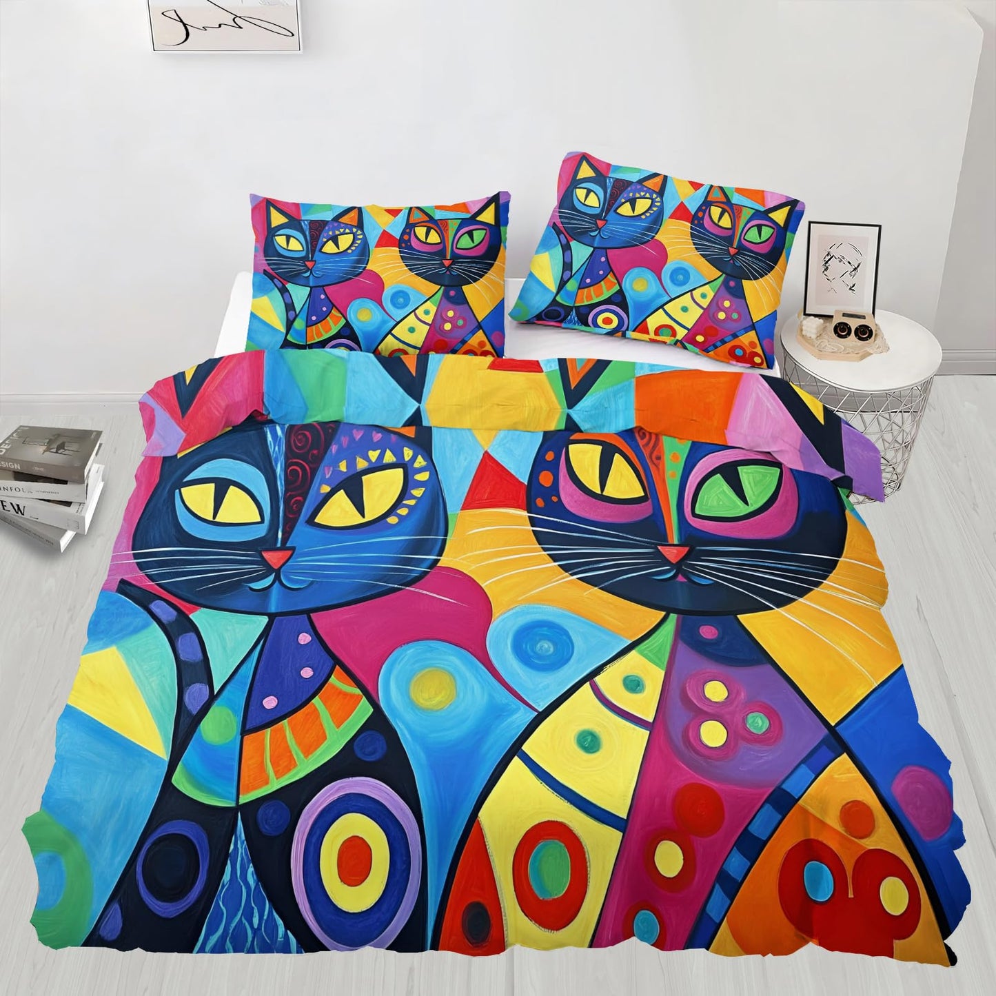 ZAMODE Cat Duvet Cover Queen Size, Abstract Kitten Comforter Cover 90" x 90" & 2 Pillowcases, Cartoon Colorful Cat Bedding Set with Zipper Ties