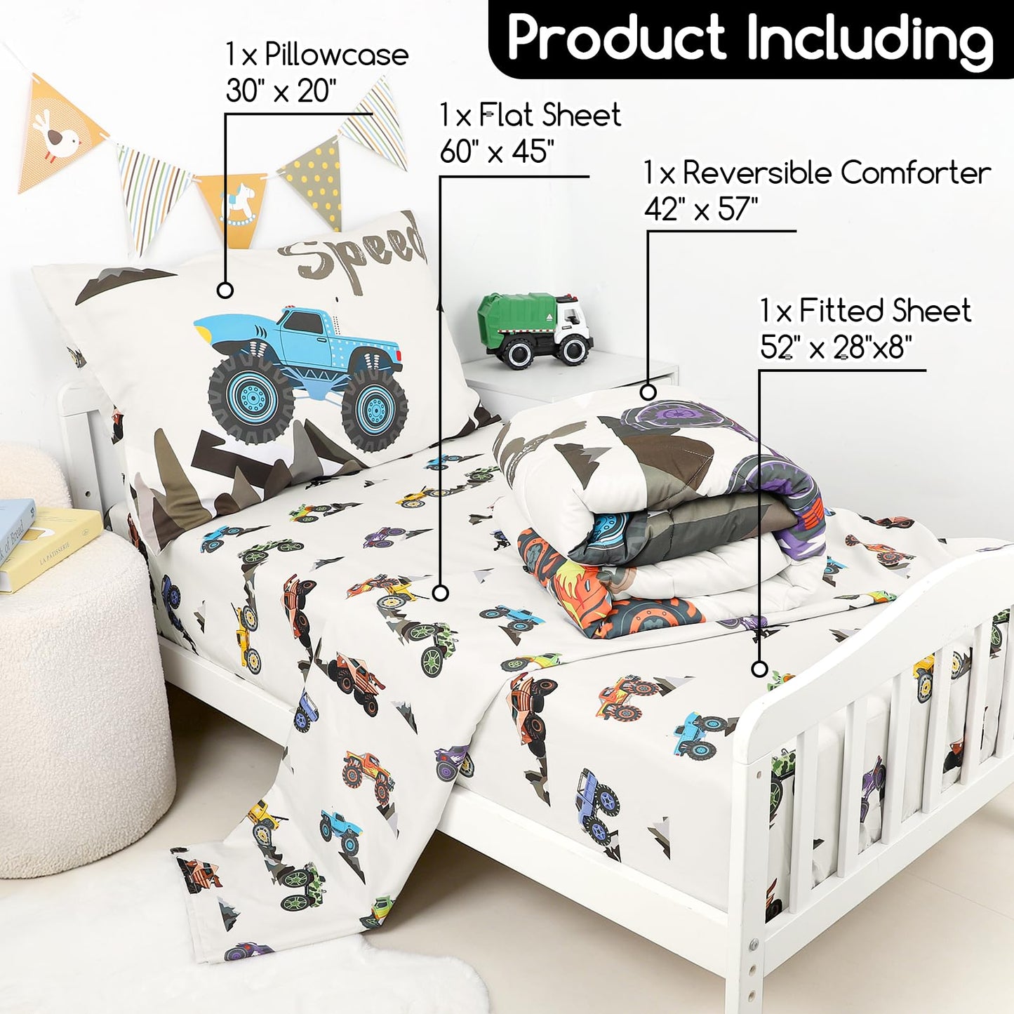DAYEEBALL 4 Piece Toddler Bedding Set, Ultra Soft and Breathable Cartoon Car Toddler Comforter Sets for Boys Includes Quilted Comforter, Fitted Sheet, Flat Sheet and Pillowcase
