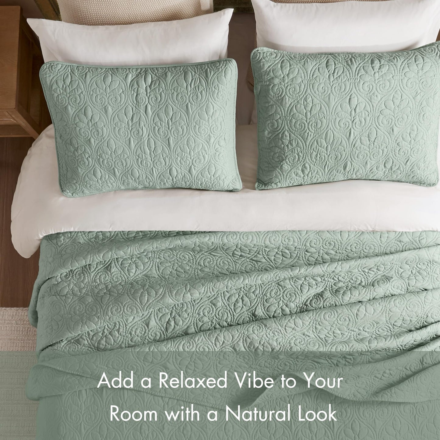 Madison Park Quebec Reversible Quilt Set Damask Design, Double Sided Stitching All Season, Lightweight Bedspread Bedding Set, Matching Sham, Seafoam, Full(96"x110") 3 Piece