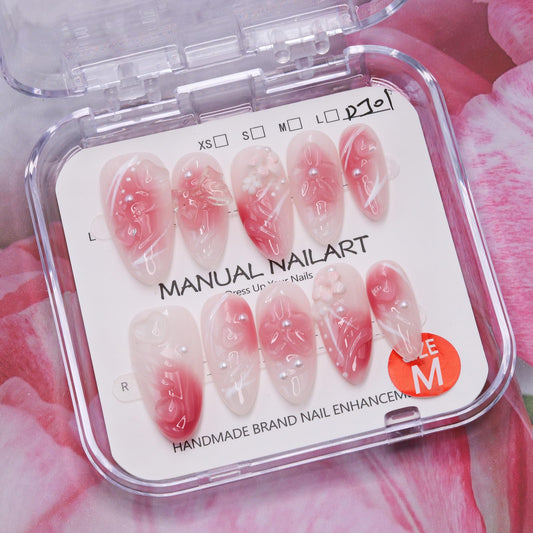 Pink Gradient Press on Nails Handmade Press on Nails Medium Almond Fake Nails Muti-Layer Gel Acrylic Nails with Flower Pearl Bow Embossed Design Thick False Nail Glue on Nail for Women (Size M)