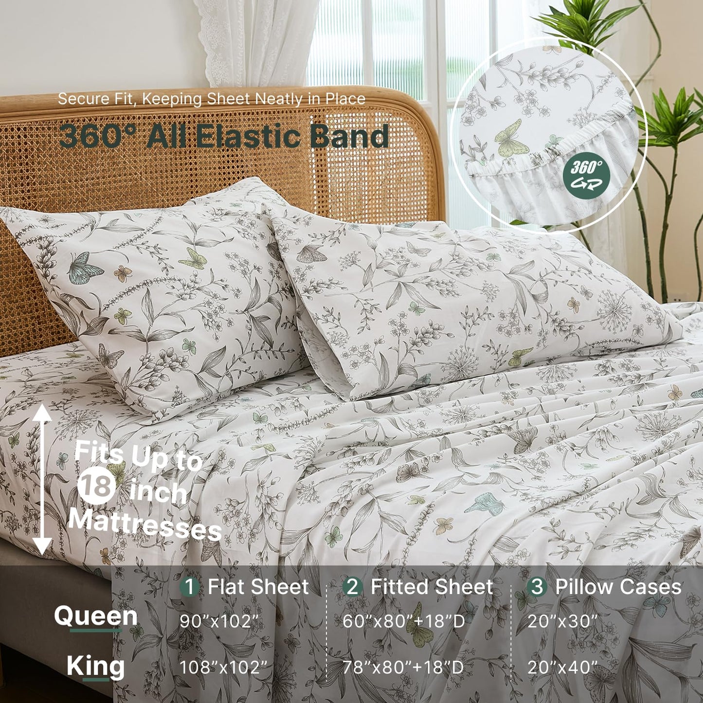 Cozaline 100% Cotton Sheet Set King Size – 4-Piece Chic White Floral Bedding Set, Soft Breathable Percale Weave, Deep Pocket Fitted Sheet 17.5", Crisp Cool Feel, Refined Botanical Elegance