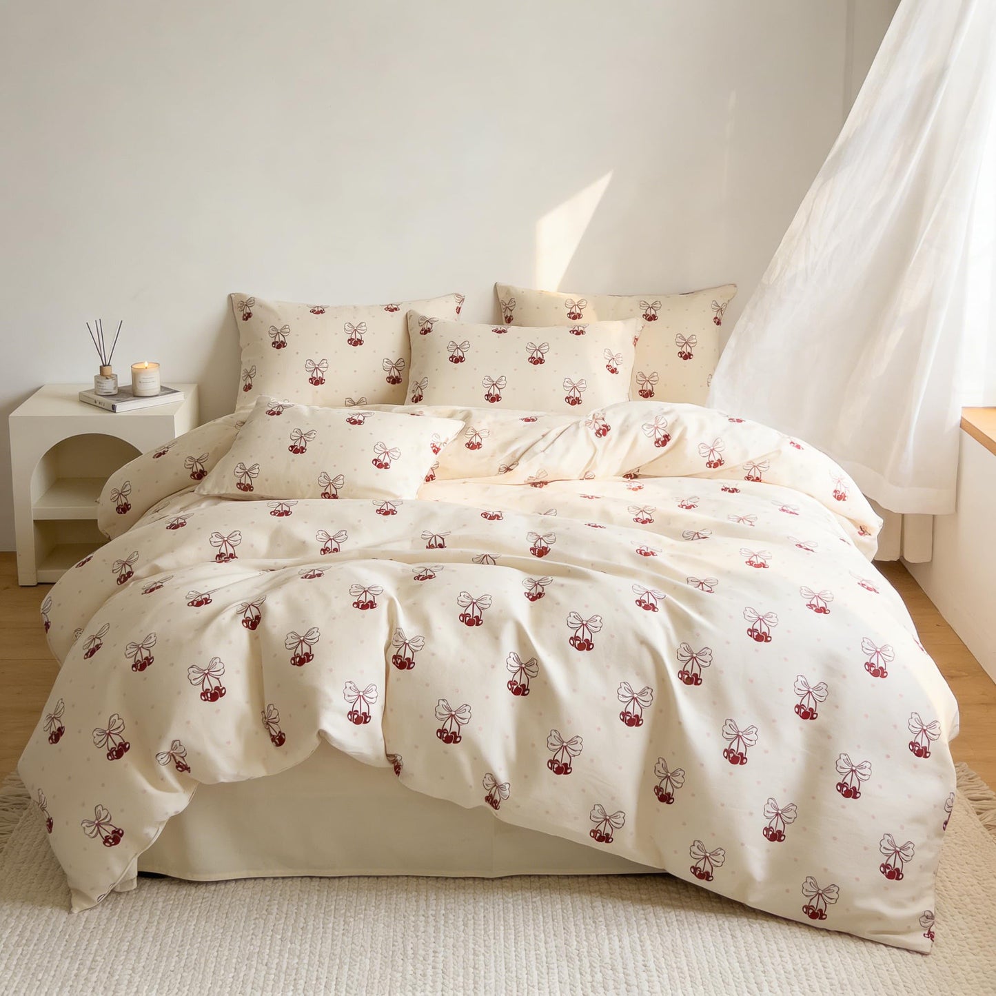 Sedefen Red Cherry Duvet Cover Queen Size Bow Duvet Cover Set Kids Boys Girls Cute Cartoon Bowknot Love Pattern Reversible Soft Breathable Bedding Set 3 Pieces with 2 Pillowcases