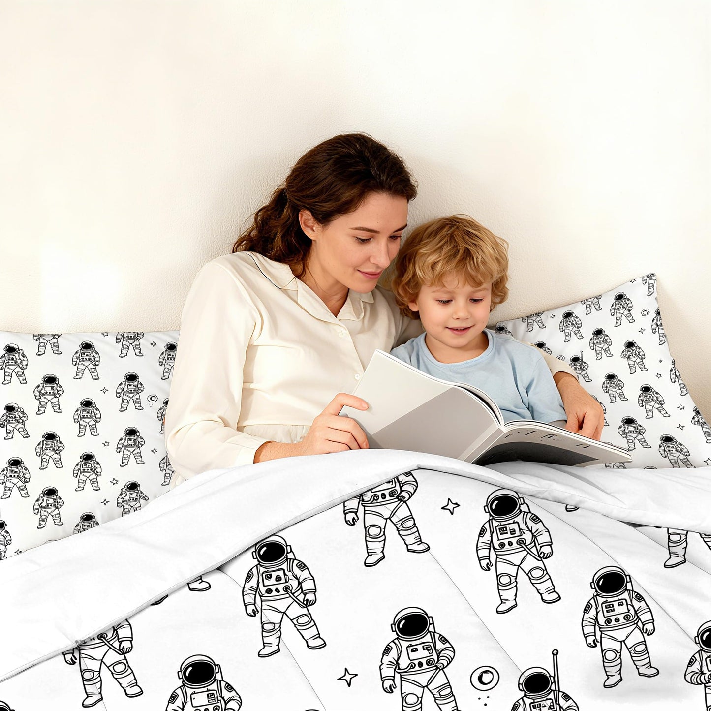 VTKON Black and White Astronaut 3Pcs Comforter Set for Boys, Full Size Spaceman and Star Bedding Set, Line Print Galaxy Bed Sets for Kids Bedroom with 2 Pillowcases