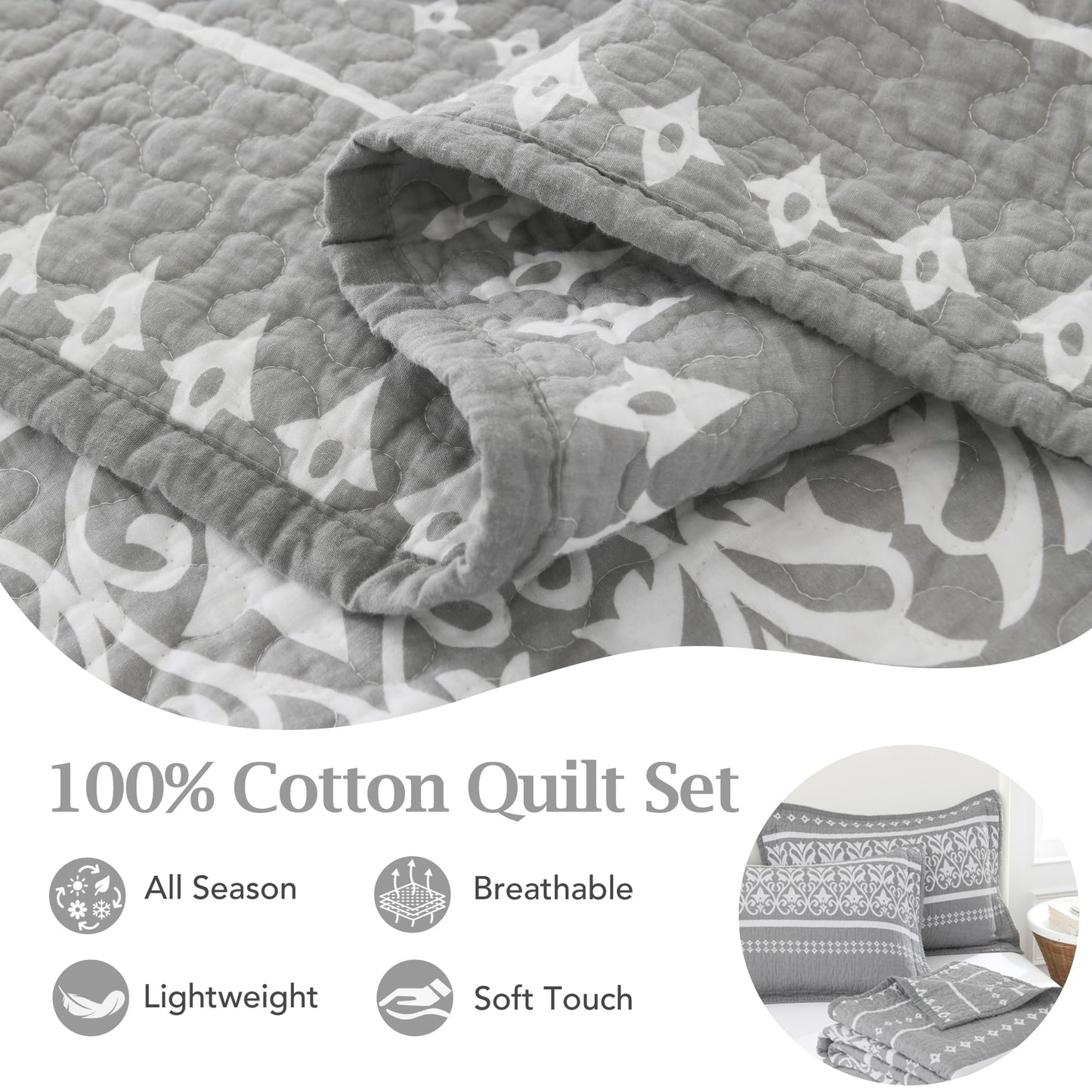 BCOTTOND Queen Quilt Set 100% Cotton Boho Queen Quilt,Grey Bohemian Striped Pattern Bedspread Queen Lightweight Quilt Bedding Set Comforet Set All Season 3 Piece