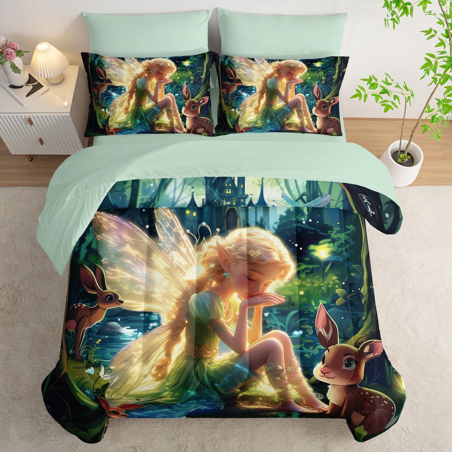 AILONEN Butterfly Fairy Comforter Set Twin Size,Princess and Elk Bedding Sets,Mysterious Forest Theme Bed in a Bag,Comforter & Fitted Sheet & Flat Sheet & 2 Pillowcases,2 Pillow Shams